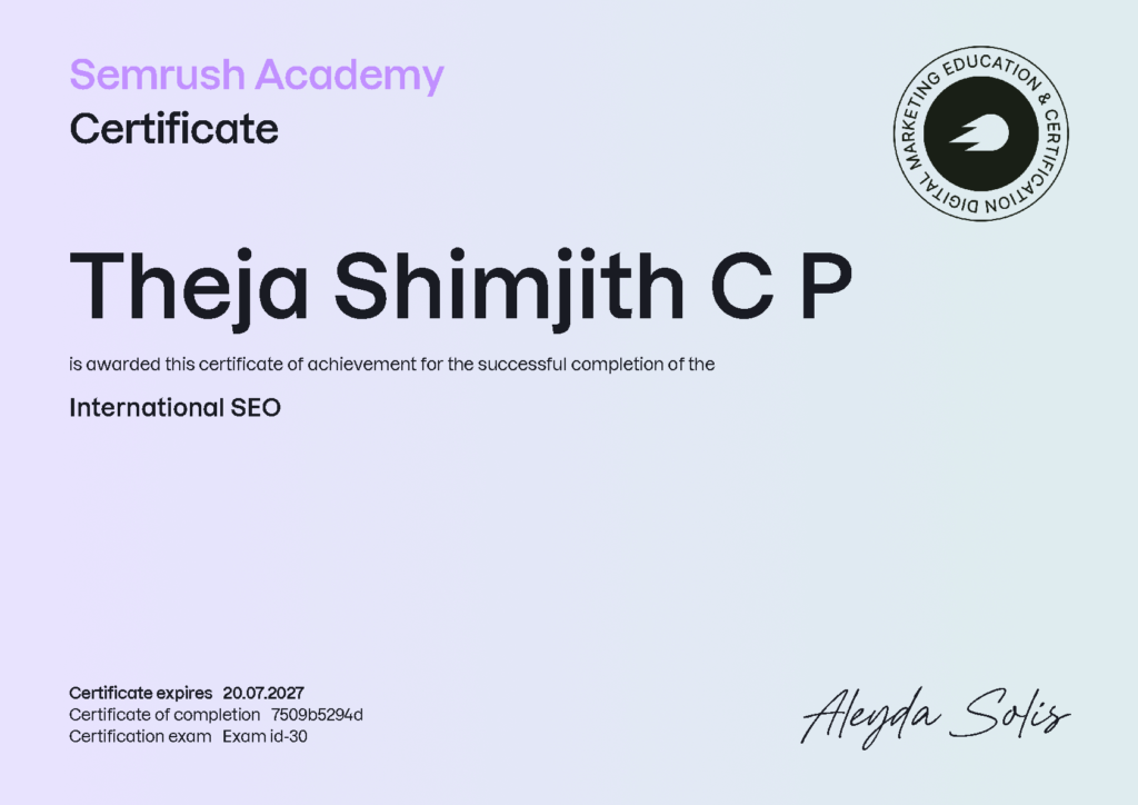 This is the certificate of Semrush Academy for International SEO